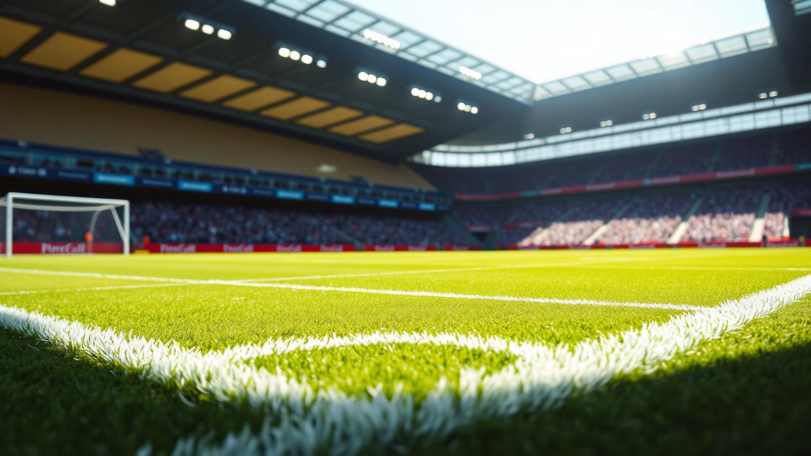 Sunlit Premier League pitch with fresh mowing stripes